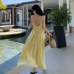 Casual Dresses French Slouchy Slip Dress Backless Sexy Pale Yellow For Summer 2024