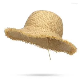 Berets Kid Summer Raw Edges Big Wide Brim Straw Hat Girl Beach Travel Sun Protection Natural Raffia Panama