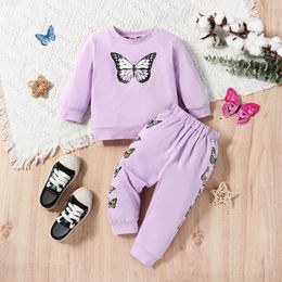 Clothing Sets Butterfly Printed Long Sleeved Round Neck Top Fashionable Pants Baby Girl Set