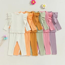 Clothing Sets 0-18 M Born Baby Fall Spring Ribbed 2 Pieces Solid Toddler Girls Ruffle Long Sleeve T-shirts Pants Set Casual Basic Clothes