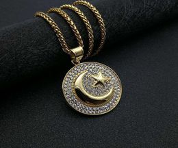 Hip Hop Hiphop Jewellery Titanium Steel Gold Plated Muslim Star Moon War Flag Pendant Necklace1262284