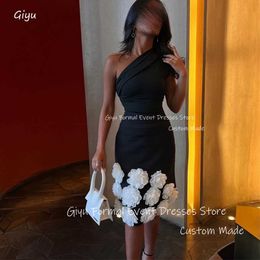 Basic Casual Dresses Giyu One Shoulder Black Short Ball Party Dress Arabic Womens 3D Flower Shoulder Knee Long Cocktail Dress Event DressL2405