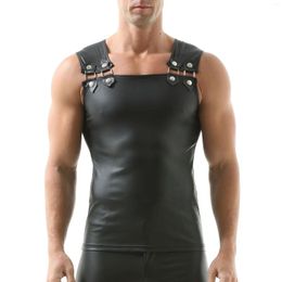 Men's Tank Tops Fashion Leather Vest Buckle Design Personality Sleeveless Shirt Men Solid Color Black Faux Punk