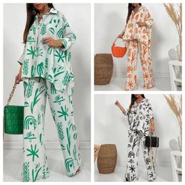 Women's Two Piece Pants Spring Lapel Long Sleeve Shirt And Wide Leg Suits Casual Graphic Print Loose Set Women Irregular Shirts Outfits