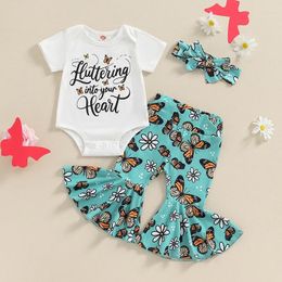 Clothing Sets Born Baby Girl 3 Piece Summer Set Short Sleeve Romper Tops Floral Butterfly Print Flared Pants Headband Toddler Outfits