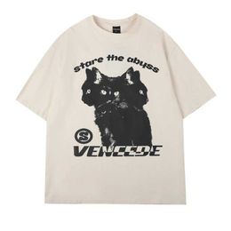 Men's T-Shirts Tide Brand American High Strt Short Slved T-shirt Mens Summer Y2K Cat Print High Quty Couple Loose Oversized T-shirts T240510