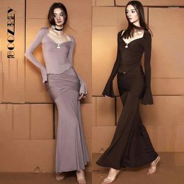 Work Dresses BoozRey Sexy Solid Slim 2 Piece Set For Women Hollow Out Flare Sleeve Top High Waist Bandage Hip Wrap Maxi Skirts Matching Sets