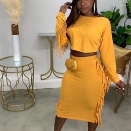 Work Dresses Sexy Tassel 2 Piece Sets Womens Outfits Skirt Long Sleeve Crop Top And Bodycon Midi Skirts Dress Party Club Matching