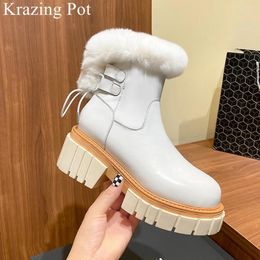 Boots Krazing Pot Big Size Cold-resistant Warm Long Plush Cow Leather Snow Zipper Winter Casual Concise Platform Ankle