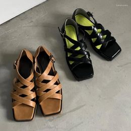 Casual Shoes Vintage Square Toe Low Heel Sandals Women Cross Tied Buckle Straps Slingbacks Sandalias Feminino Summer Open Toed