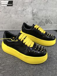 Casual Shoes Spring Round Toe Rivet Black White Male Designer Thick Bottom Platform Cow Split Leather Fashion Mens Sneakers