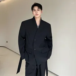 Men's Suits Elgance Blazers Trend Korean Style Collarless Suit Coat Solid Color Lace-up Niche Design Fashion Male 2024 9C3363