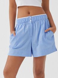Women's Shorts Womens Fashion Loose Stripe Buttons High Elastic Waist Short Pants Summer Casual Club Street Style S-XL