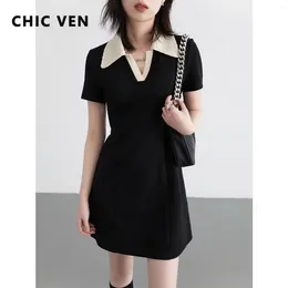 Casual Dresses CHIC VEN Korean Women Black A Line Polo Neck Short Sleeved Dress Slim Female Pullover Clothing Spring Autumn 2024