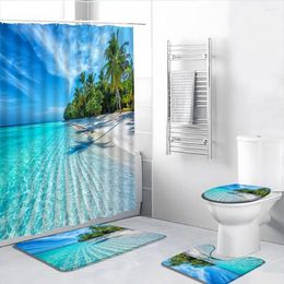 Shower Curtains 4Pcs Ocean Scenery Curtain Seaside Beach Natural Landscape Summer Tropical Palm Leaf Bathroom Decor Bath Mat Toilet Cover