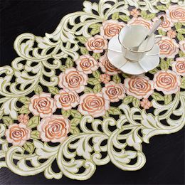 Table Cloth Polyester Hollow Embroidery Rose Jacquar Tablecloth Cup Mat Cover Runner Place Wedding Blanket Antependium