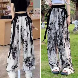 Women's Pants Chinese Style Ink Print Chinese-style Bamboo Chiffon With Streamer Decoration Wide Leg Summer