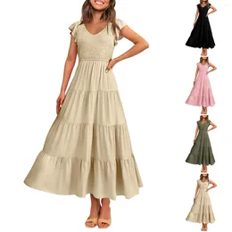 Casual Dresses Women's Short Sleeved Tie V Neck Ruffled Midi Flowy Dress Summer Maxi Vestidos Cortos