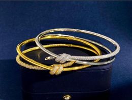 knotted half diamond gold Bangle luxury designer monogram hollow bracelet diamond 18K plated 925 stainless steel wedding lovers gi4192216