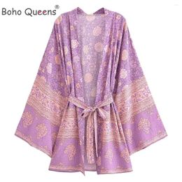 Boho Queens Women Purple Floral Print Bat Sleeve Beach Bohemian Kimono Dresses Ladies V Neck Rayon Short Robe Bikini Cover-up