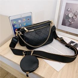 Shoulder Bags Fashion Rhombus Chain Small Bag Wide Strap Female High Quality Leather All-match Three-piece Messenger