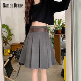 Skirts Namou Drane Mid-length Pleated Skirt Female Autumn High-waisted Retro Preppy Style Half To Show Thin Suit A-line