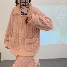 Home Clothing Pit Stripe Autumn And Winter Solid Color Pajamas Women's Thick Warm Coral Fleece Cardigan Front Button Flannel Fur