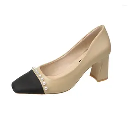 Dress Shoes Brand Flat Pearl Square Head Combination Colour Light Mouth Fashion Thick Single Footwear High Heel Casual