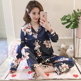 Women's Sleepwear M-5XL Clothing Set Long Sleeve Silk Women Pyjamas Autumn Satin Casual Homewear 3XL 4XL