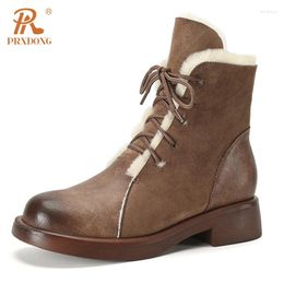 Boots PRXDONG Classics Genuine Leather Warm Snow Autumn WInter Med Heels Lace Up Black Brown Dress Casual Female Shoes 34-40