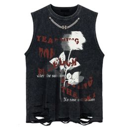 American Hiphop Rose Print Washed Sports Camisole Vest Mens Street Basketball Sleeveless T-shirt Tank Tops High Street 240511