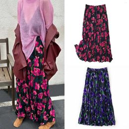 Skirts Chic Vintage Floral Pattern Print Pleated Maxi Women's Fashion Elastic High Waist Boho Skirt Holiday Bohemian Beach