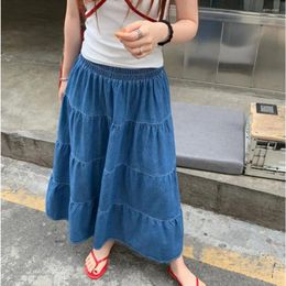 Skirts Vintage Elastic Women Long Denim Layered Ladies 2024 Summer A-Line Loose Casual High Waist Midi Jeans Skirt L985