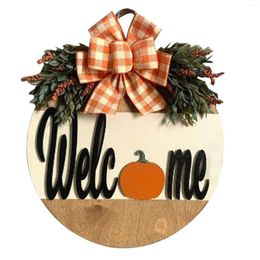 Decorative Flowers Pumpkin Pattern Welcome Sign Bright Colors With Bowknot For Home Front Door Decoration