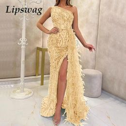 Casual Dresses Sexy Mesh Feather Splicing Split Dress Sequined Beaded Fairy Long Evening 2024 Fashion Slim Temperament Party