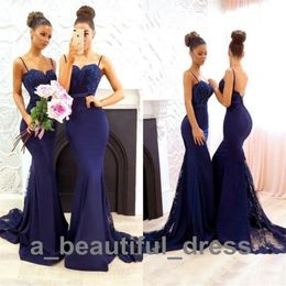 New Navy Blue Simple Bridesmaid Dresses Modern Sweetheart Lace Appliques Mermaid Prom Party Gown Beads Long Maid Of Honour Gowns BD8888 285R