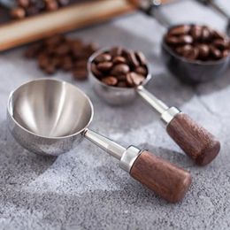 Coffee Scoops Wooden Handles Stainless Steel Scoop Tablespoon Measuring Spoons Walnut Wood Long Handle Cafe Decorations