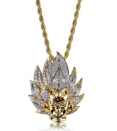 Hip Hop Gold Color Plated Iced Out Micro Pave Zircon Super Saiyan Anime Character Pendant Necklace with 24 Inch Rope Chain7110464