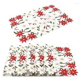 Table Mats Placemats Set Of 6 Embroidered Christmas Poinsettia & Holly Design 11X17 Inch Decor Red White