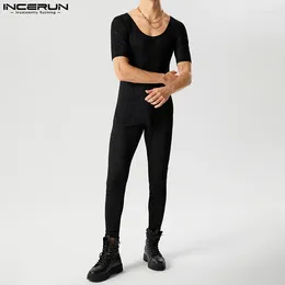 Men's Pants INCERUN Sexy Style Mens Bodysuits Flash Fabric Mesh Perspective Design Rompers Stylish Large U-neck Short Sleeve Jumpsuits S-5XL