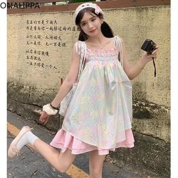 Casual Dresses Onalippa Candy Colour Sweet Mini Dress Lace Up Elastic Loose Small Fresh Holiday Style Vintage Ruffles Pink Vestidos