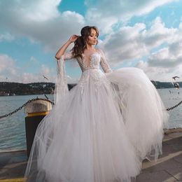 Party Dresses Temperament Wedding Dress See-Through O-Neck Applique Long Sleeve Layered Puffy Tulle Pure White Open Back Bridal Gown