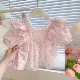 Sommarbarn koreanska kort ärm topp flickor baby temperament söt rosa spets skjorta