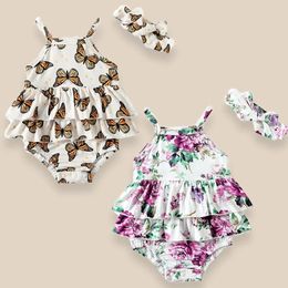 Clothing Sets 2024 Baby Child Girl Personality Printed Butterfly Floral Lotus Edge Hanging Bag Triangle Piece Skirt