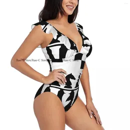 Women's Swimwear Sexy One Piece Swimsuit Women Black And White Chess Pieces Ruffled Monokini Female Bodysuit Girl Beach Bathing Suit