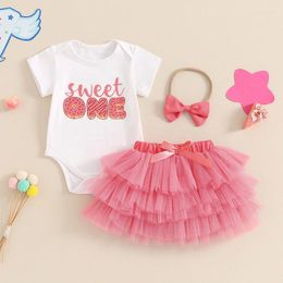 Clothing Sets Baby Girl 1st Birthday Outfits Letter Print Rompers Layered Tulle Tutu Skirts Headband 3Pcs Summer Clothes Set