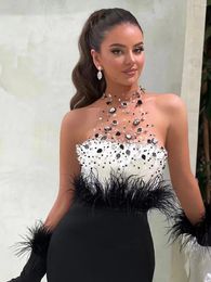 Casual Dresses High Quality 2024 Women's Black Sexy Sleeveless Mesh Diamond Crystal Fashion Feather Bandage Dress Celebrity Party