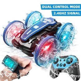 LED Amphibious RC car Dual remote control waterproof stunt car double side flip drift drive 360 ° rotation rc car Kids toy 240511