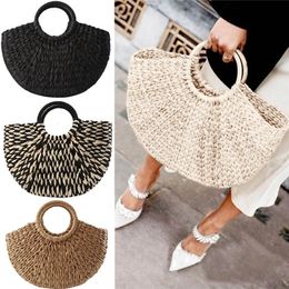 Women Handbag Rattan Wicker Straw Woven Halfround Bag Large Capacity Female Casual Travel Tote Fashion Bolsos 240509