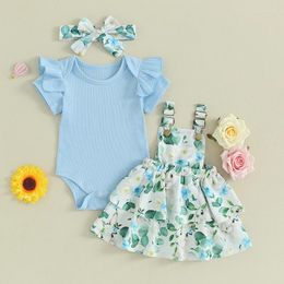 Clothing Sets 0-24months Baby Girl 3pcs Outfit Blue Yellow Ribbed Short Sleeve Romper With Suspender Skirt Headband Infant Girls Clothes Set